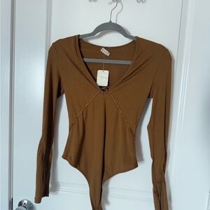 Free People Brown V-Neck Bodysuit